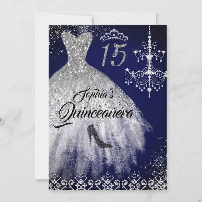 Sparkle Diamond Dress Navy Quinceanera Invitation (Front)