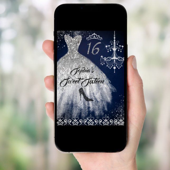 Sparkle Diamond Dress Navy Silver Sweet 16 Invitation (Front Digital)