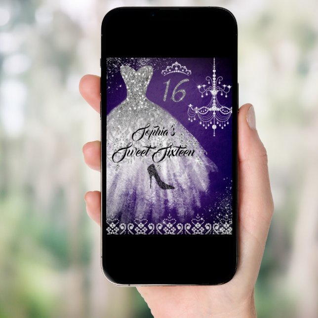 Sparkle Diamond Dress Purple Silver Sweet 16 Invitation (Front Digital)