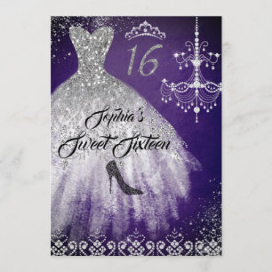 Sparkle Diamond Dress Purple Silver Sweet 16 Invitation