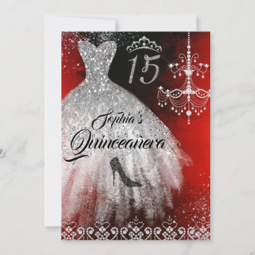 Sparkle Diamond Dress Red Silver Black Quinceanera Invitation