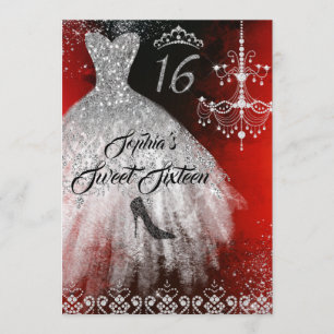 Sparkle Diamond Dress Red Silver Black Sweet 16 Invitation