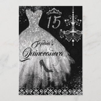 Sparkle Diamond Dress Silver Black Quinceanera Invitation by LittleBayleigh at Zazzle
