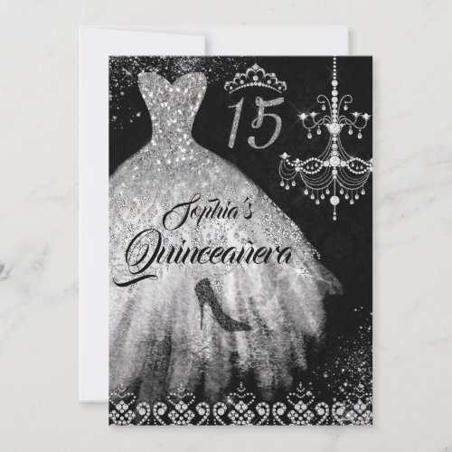 Sparkle Diamond Dress Silver Black Quinceanera Invitation