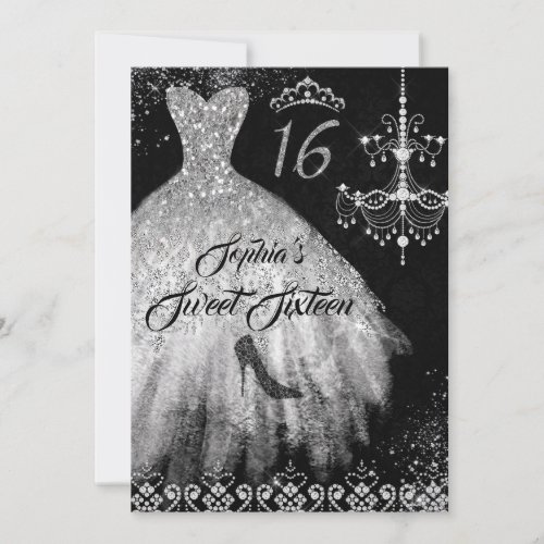 Sparkle Diamond Dress Silver Black Sweet 16 Invitation