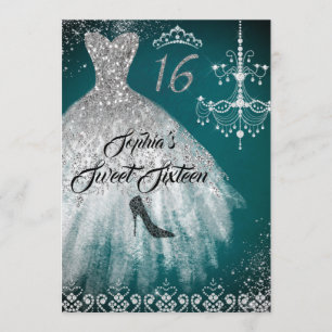 Sparkle Diamond Dress Teal Silver Sweet 16 Invitation
