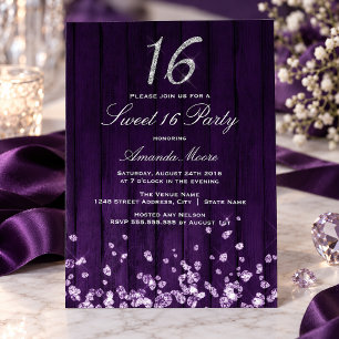 Sparkle Diamond Purple Silver Sweet 16 Invite
