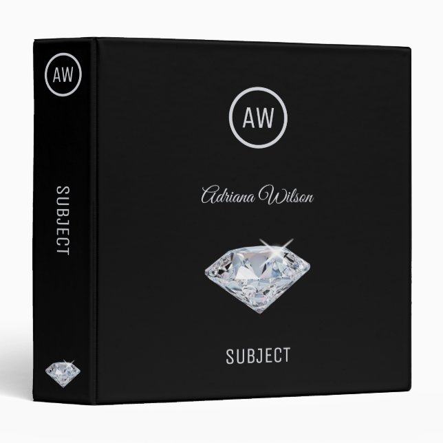 Sparkle Diamonds Monogram School Office 3 Ring Binder (Front/Spine)