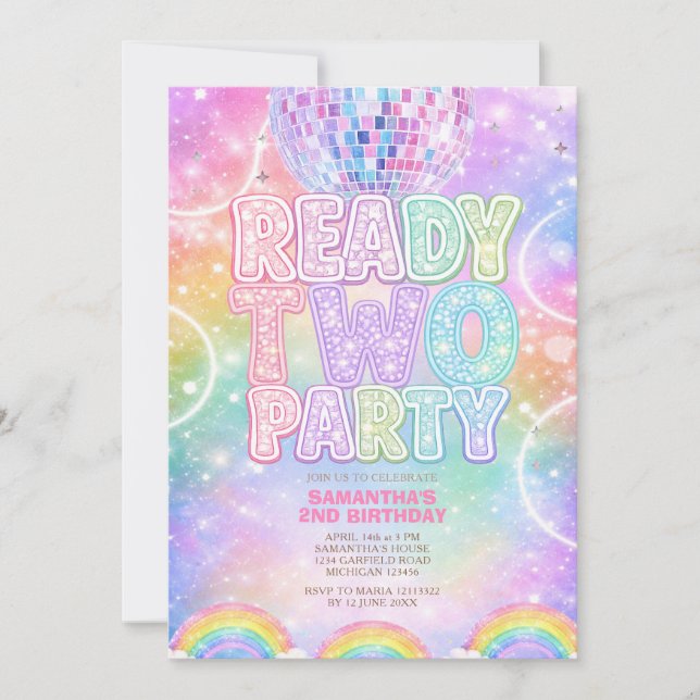 Sparkle Disco Ball Pastel Rainbow Second Birthday  Invitation (Front)