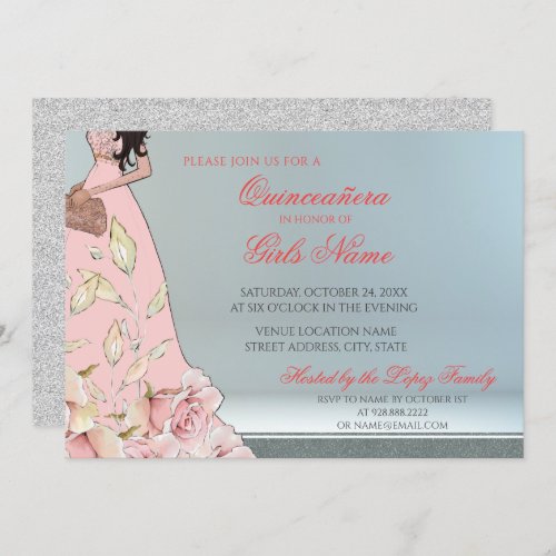 Sparkle Dove Gray and Pink Quinceaera Invitation