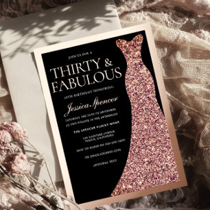Sparkle Dress 30th Birthday Party Black Rose Gold Foil Invitation