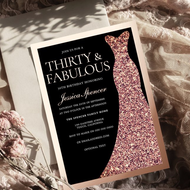 Sparkle Dress 30th Birthday Party Black Rose Gold  Foil Invitation (Creator Uploaded)