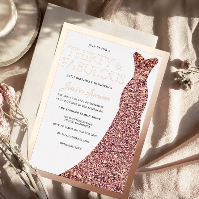 Sparkle Dress 30th Birthday Party Rose Gold Foil Invitation (Creator Uploaded)