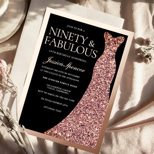 Sparkle Dress 90th Birthday Party Black Rose Gold Foil Invitation