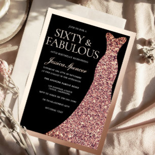 Sparkle Dress & Black 60th Birthday Rose Gold Foil Invitation