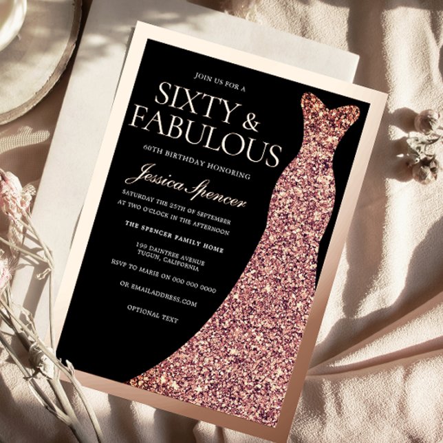 Sparkle Dress & Black 60th Birthday Rose Gold Foil Invitation (Creator Uploaded)