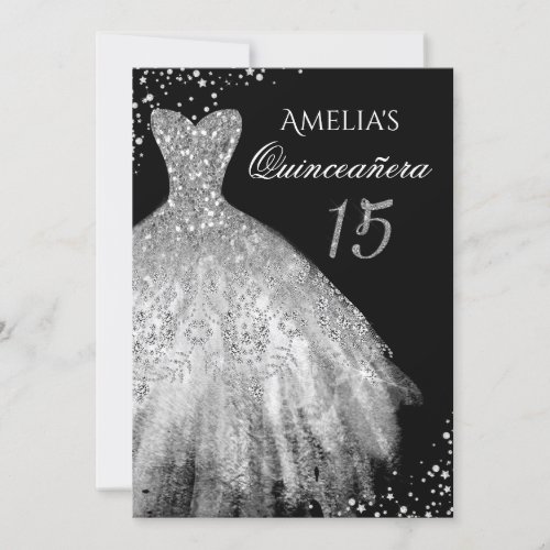 Sparkle Dress Black Silver Quinceanera Invitation