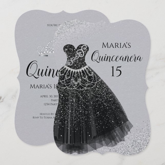 Sparkle Dress Black Silver Quinceañera Invitations (Front/Back)