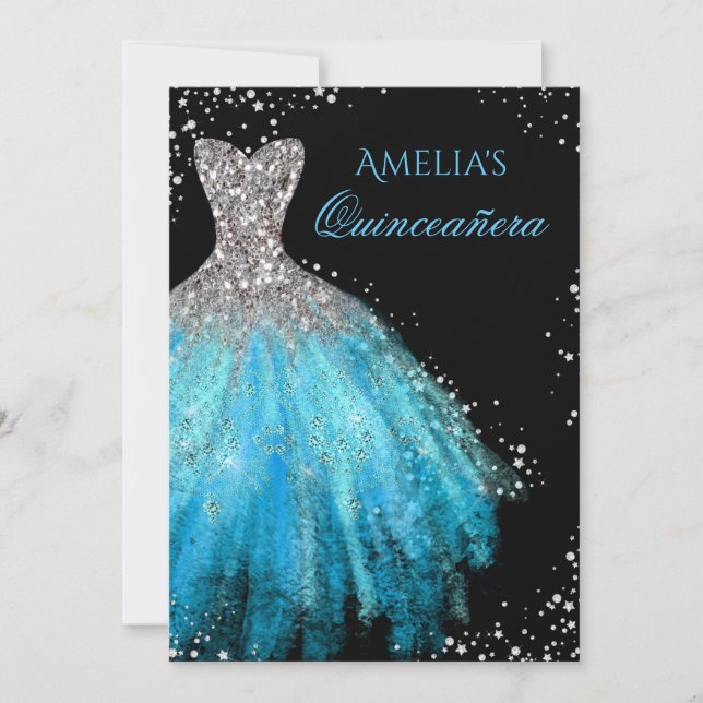 Sparkle Dress Blue Quinceanera Invitation (Front)