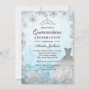 Sparkle Dress Blue Snowflakes Winter Quinceanera Invitation