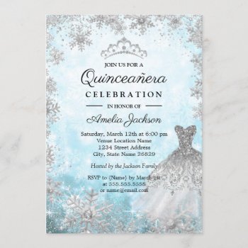 Sparkle Dress Blue Snowflakes Winter Quinceanera Invitation by LittleBayleigh at Zazzle