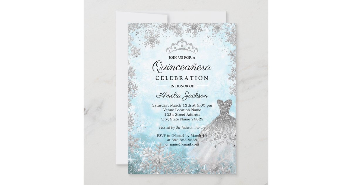 Sparkle Dress Blue Snowflakes Winter Quinceanera Invitation 