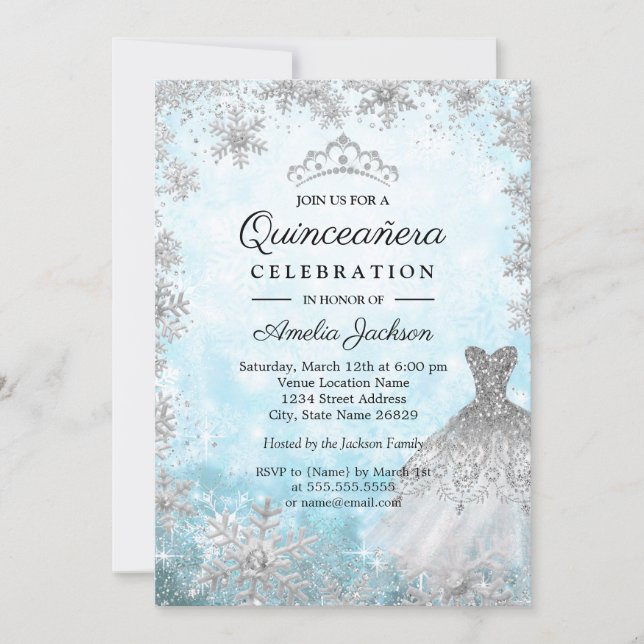 Sparkle Dress Blue Snowflakes Winter Quinceanera Invitation (Front)