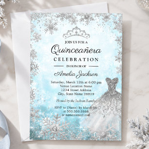 Sparkle Dress Blue Snowflakes Winter Quinceanera Invitation