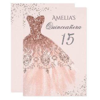 Sparkle Dress Pink Rose Gold Quinceanera Invite