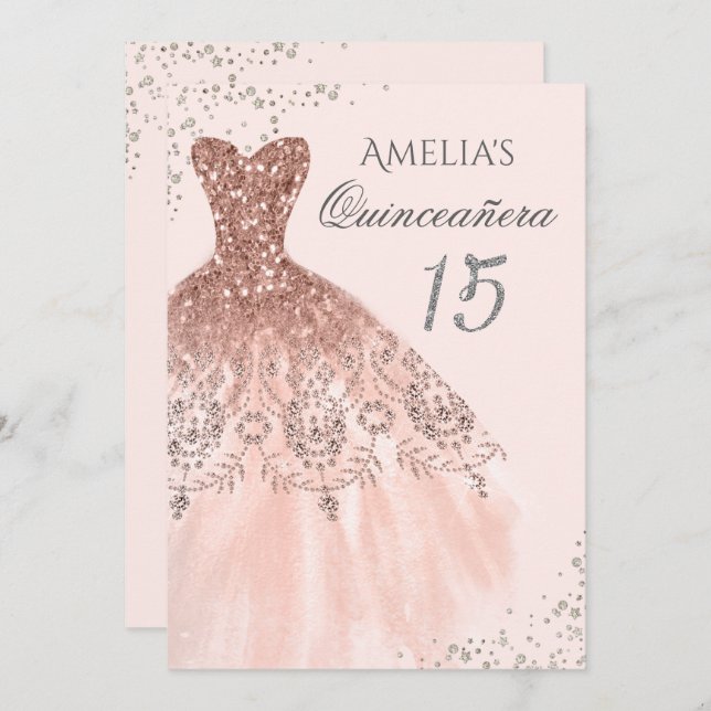 Sparkle Dress Pink Rose Gold Quinceanera Invite (Front/Back)