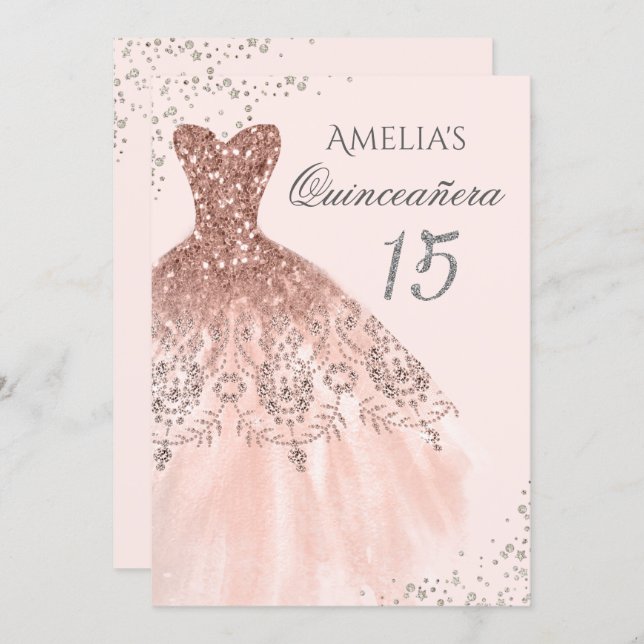 Sparkle Dress Pink Rose Gold Quinceanera Invite (Front/Back)