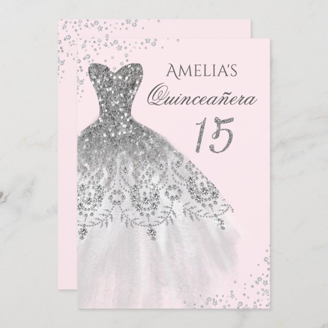 Sparkle Dress Pink Silver Quinceanera Invitation (Front/Back)
