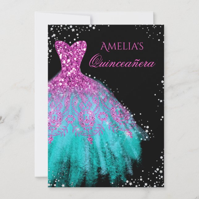 Sparkle Dress Pink Teal Quinceanera Invitation (Front)