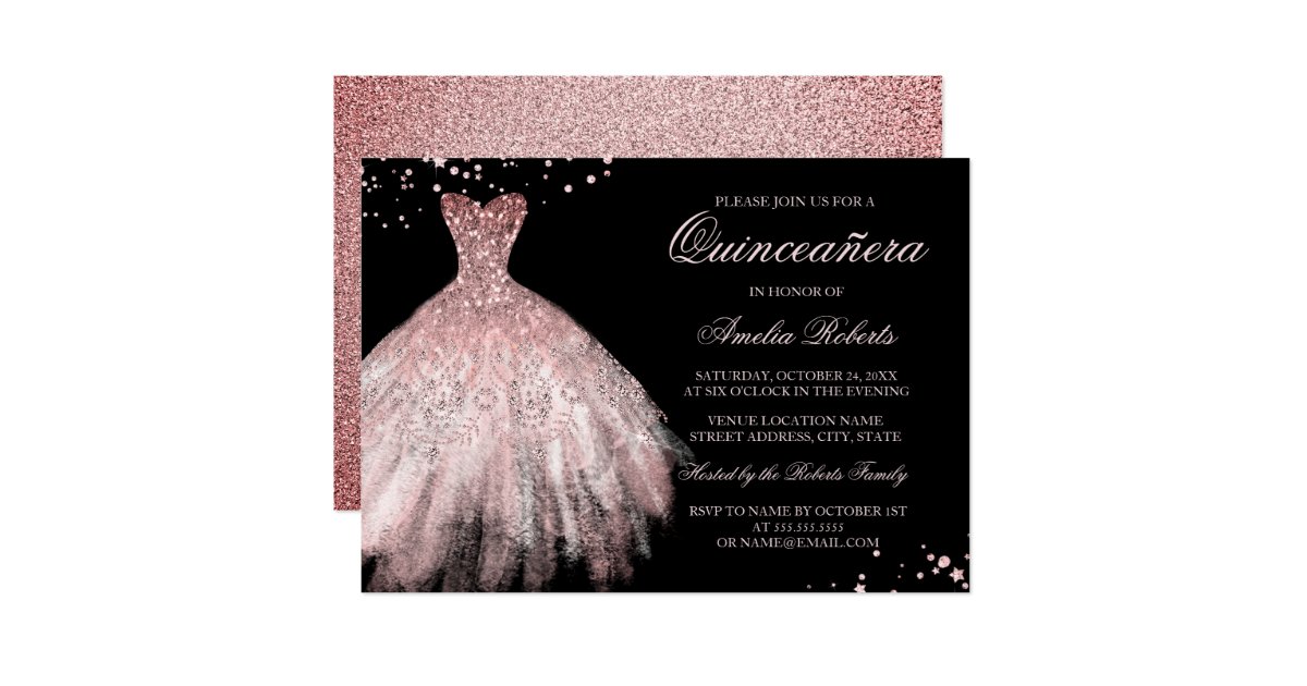 Sparkle Dress Rose Gold Quinceanera Invitation Zazzle Com