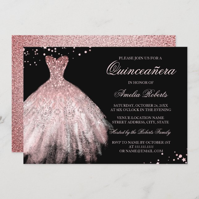 Sparkle Dress Rose Gold Quinceanera Invitation (Front/Back)