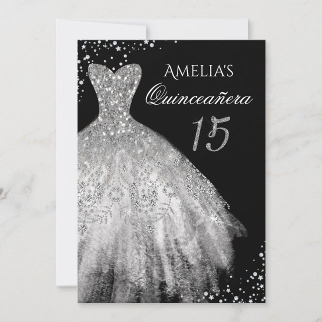 Sparkle Dress Silver Black Quinceanera Invitation (Front)