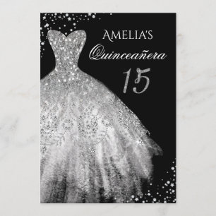 Sparkle Dress Silver Black Quinceanera Invitation