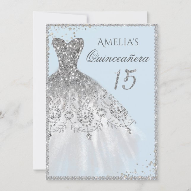Sparkle Dress Silver Blue Quinceanera Invitation (Front)