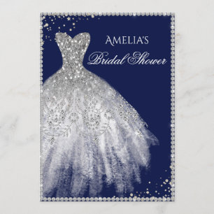 Sparkle Dress Silver Navy Bridal Shower Invitation