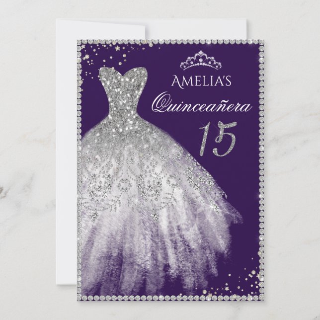 Sparkle Dress Silver Purple Quinceanera Invitation (Front)