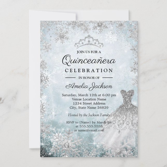 Sparkle Dress Snowflakes Blue Winter Quinceanera Invitation (Front)