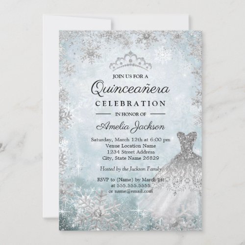 Sparkle Dress Snowflakes Blue Winter Quinceanera Invitation