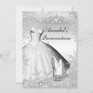 Sparkle Dress & Tiara Silver Quinceanera Invite