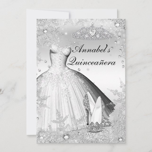 Sparkle Dress & Tiara Silver Quinceanera Invite (Front)