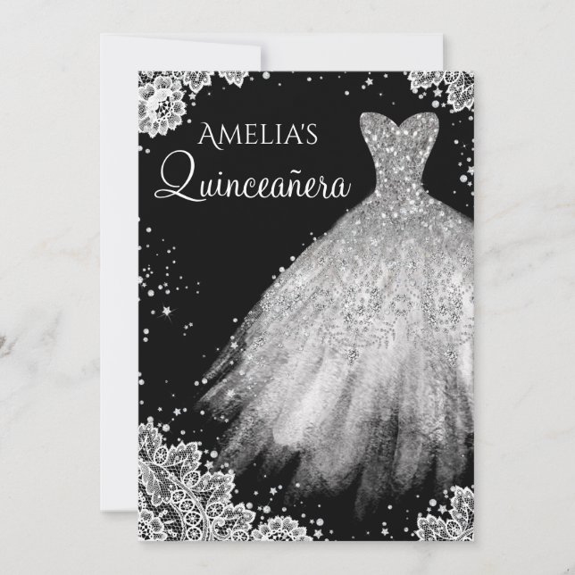 Sparkle Dress White Black Lace Quinceanera Invitation (Front)