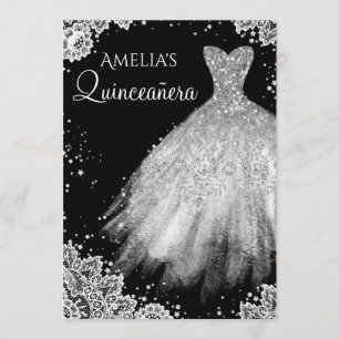 Sparkle Dress White Black Lace Quinceanera Invitation