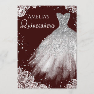 Sparkle Dress White Lace Burgundy Quinceanera Invitation