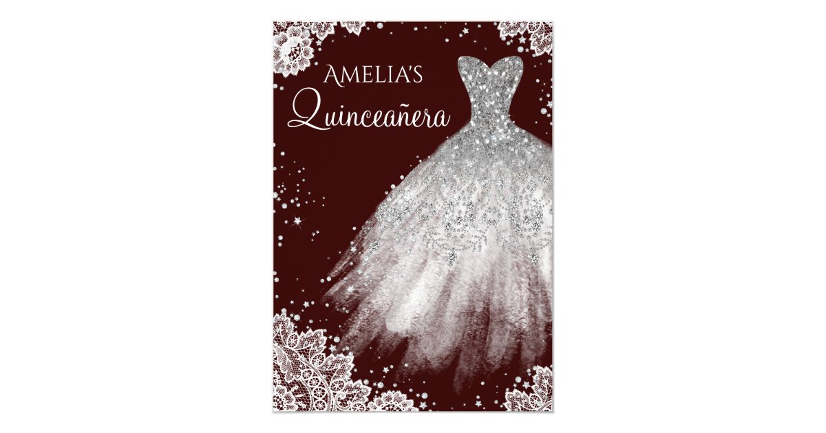 Sparkle Dress White Lace Burgundy Quinceanera Invitation