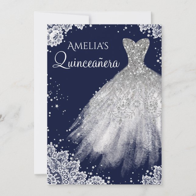 Sparkle Dress White Lace Navy Quinceanera Invite (Front)