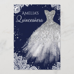 Sparkle Dress White Lace Navy Quinceanera Invite